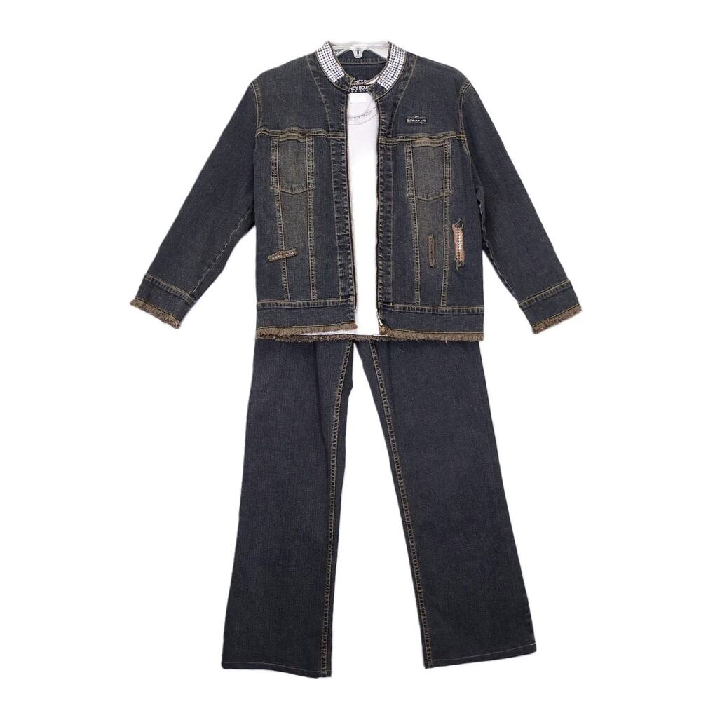 Nancy Bolen City Girl 3pc Set Women's M Rhinestone Denim Jacket, Jeans, Tank Top